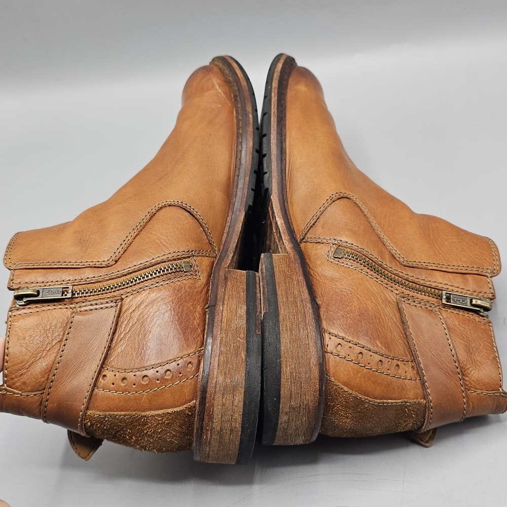 Clarks Clarkdale Leather Remi Dark Tan Burnished Boots Size 10.5 Buckle Side Zip - Picture 6 of 9